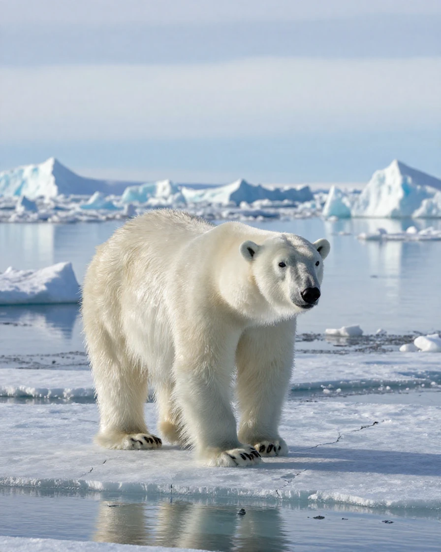 A polar bear walking across an Arctic ice floe