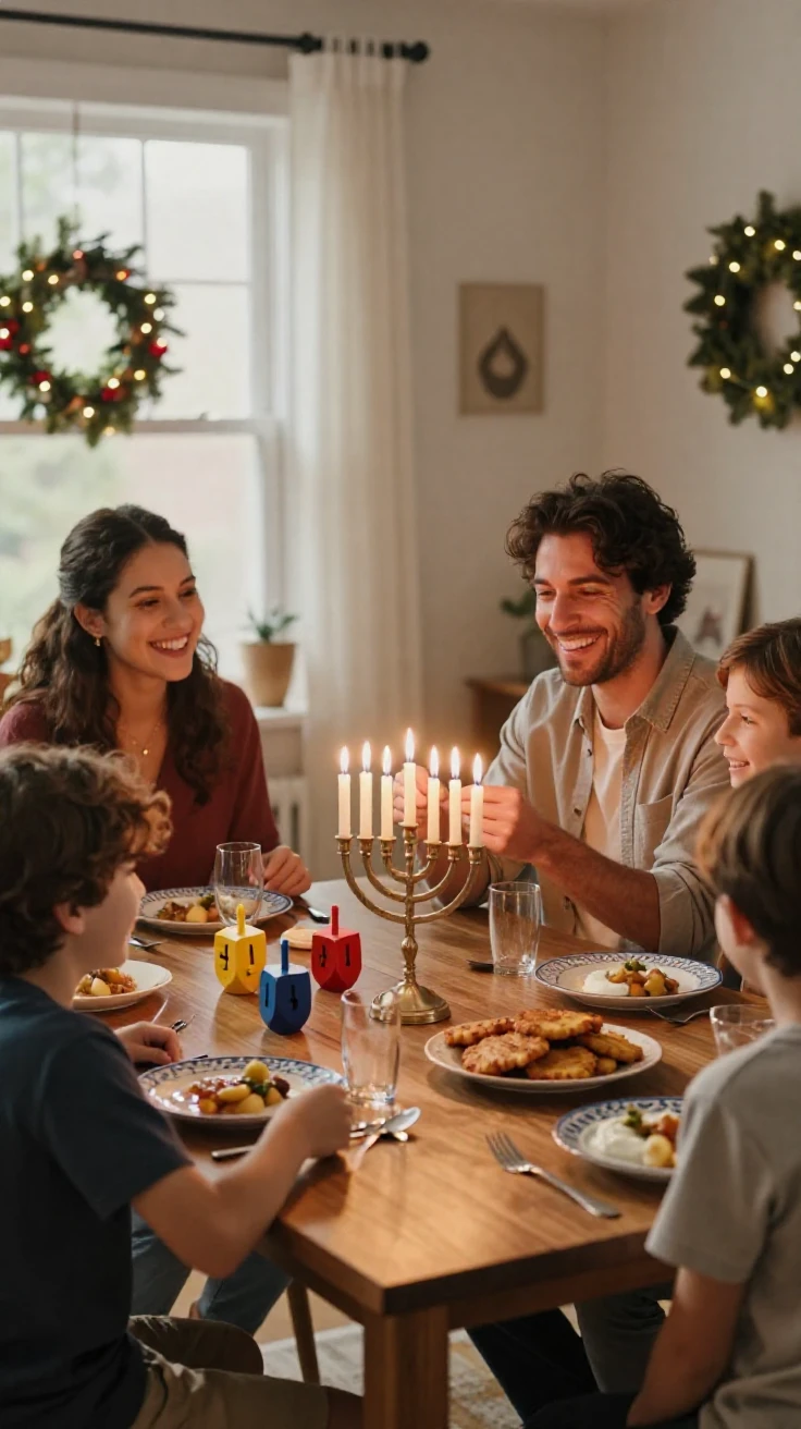 A family lights the first candle of an eight-night celebration at their dining table.