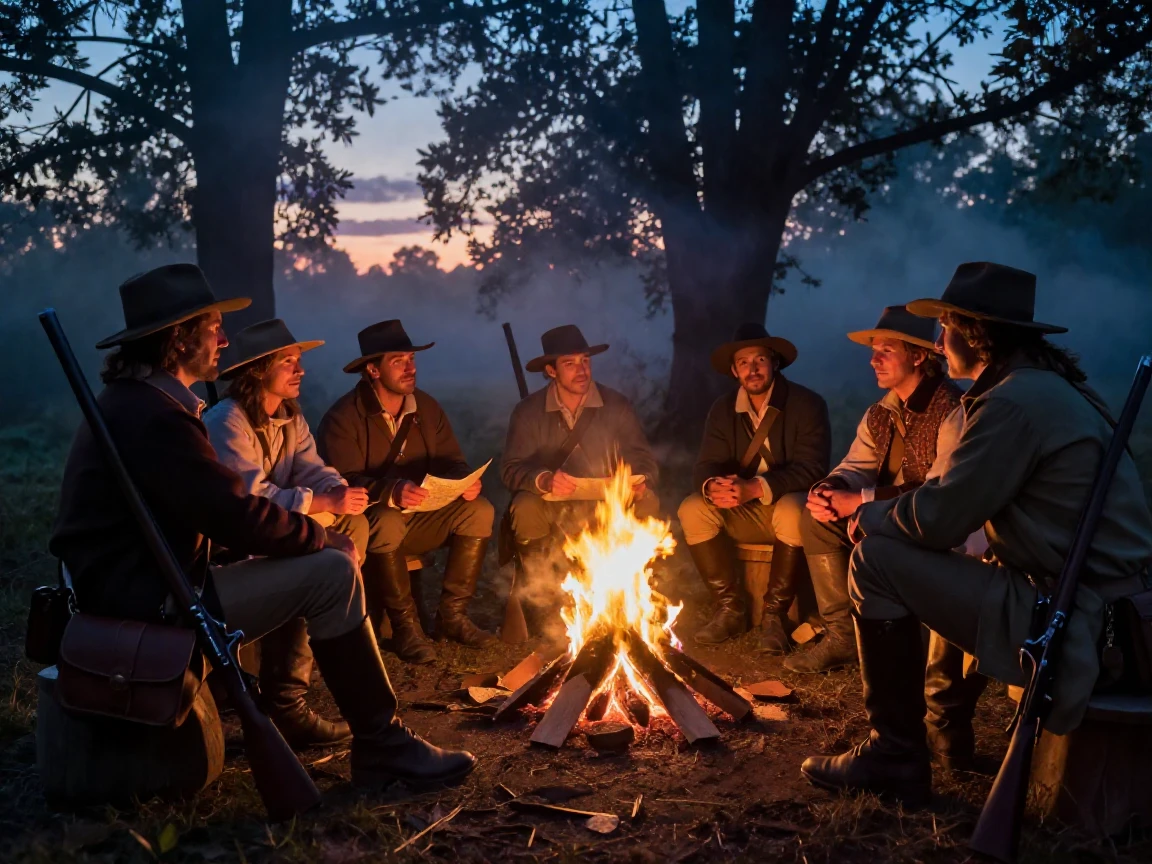 A band of colonial explorers gathered around a crackling evening fire