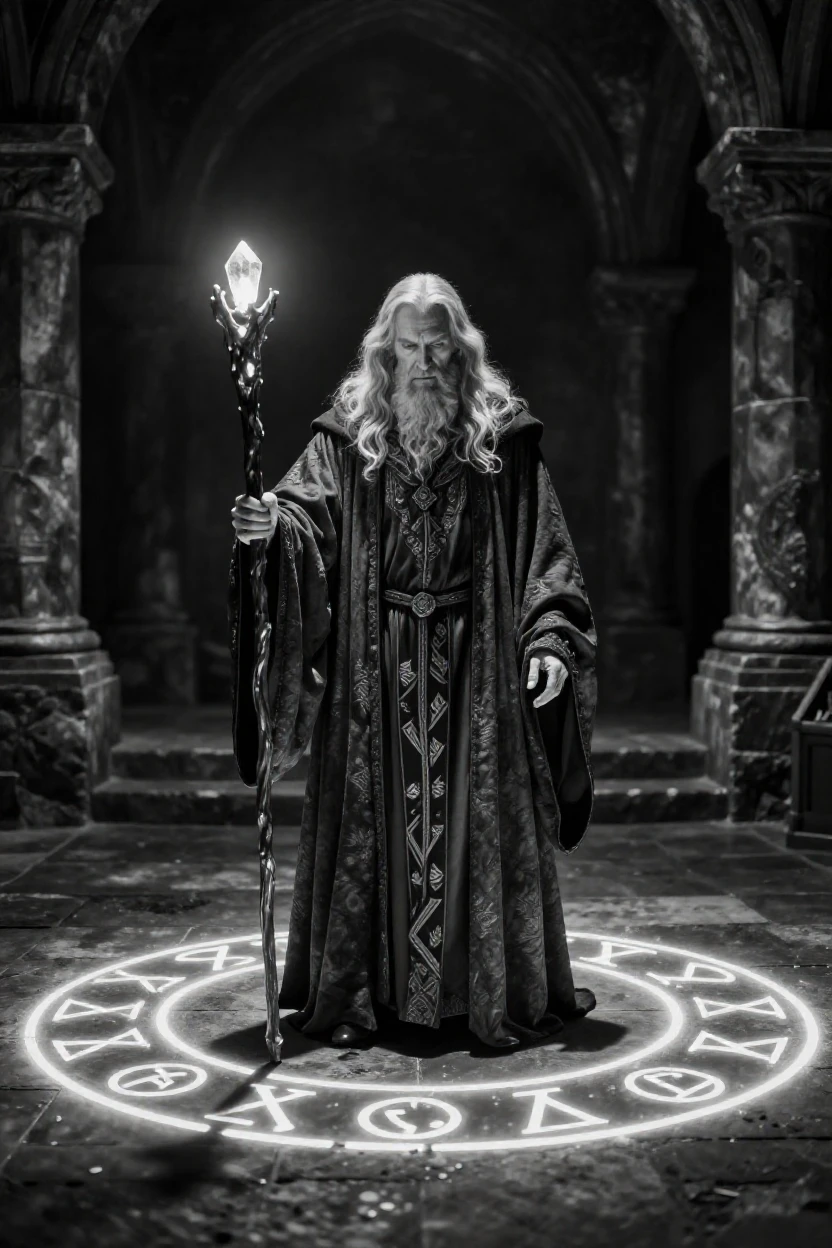 A wizard casts a glowing spell from an ancient staff before a circle of glowing runes.