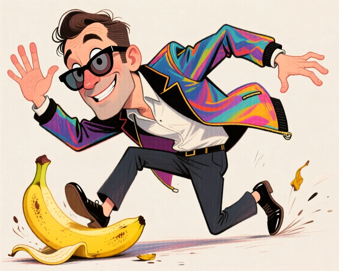 A man trying to act cool while secretly slipping on a banana peel.