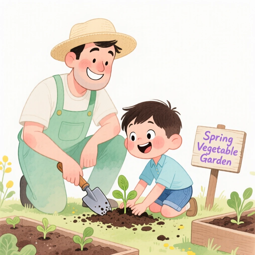 A father and son planting a vegetable garden together in spring