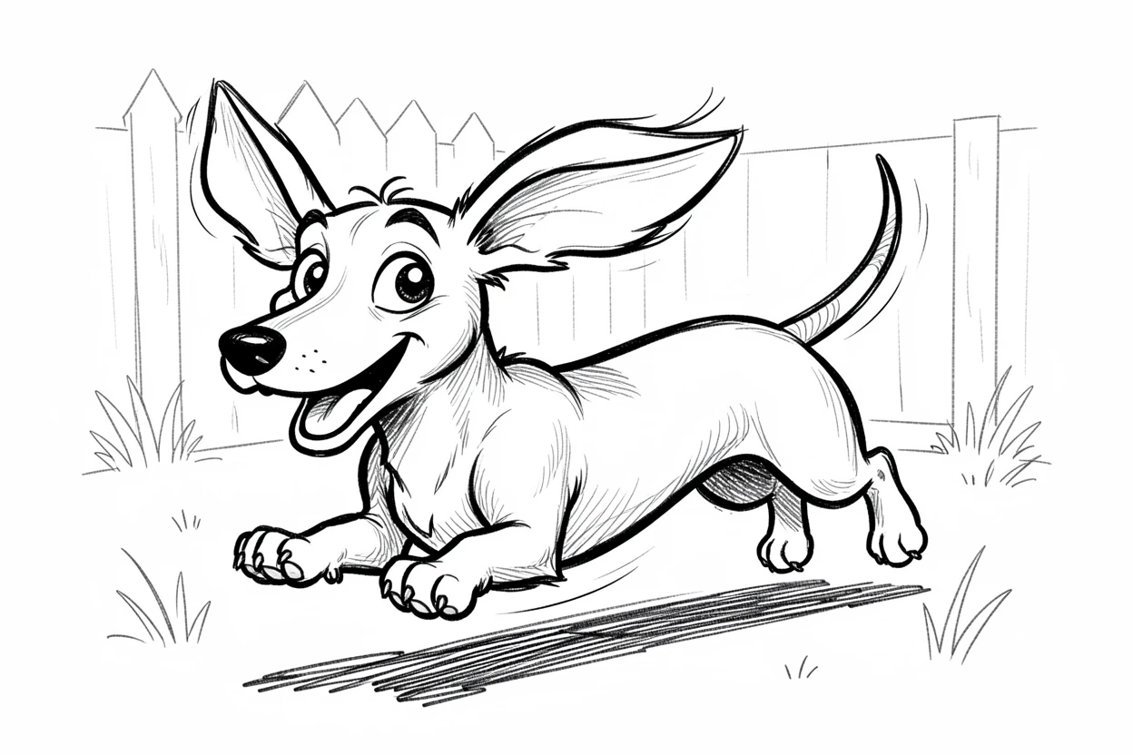 [Cute Animals & Pets] Adorable scene of a spirited dachshund zooming across a backyard with ears flapping, bursting with charm and playful energy