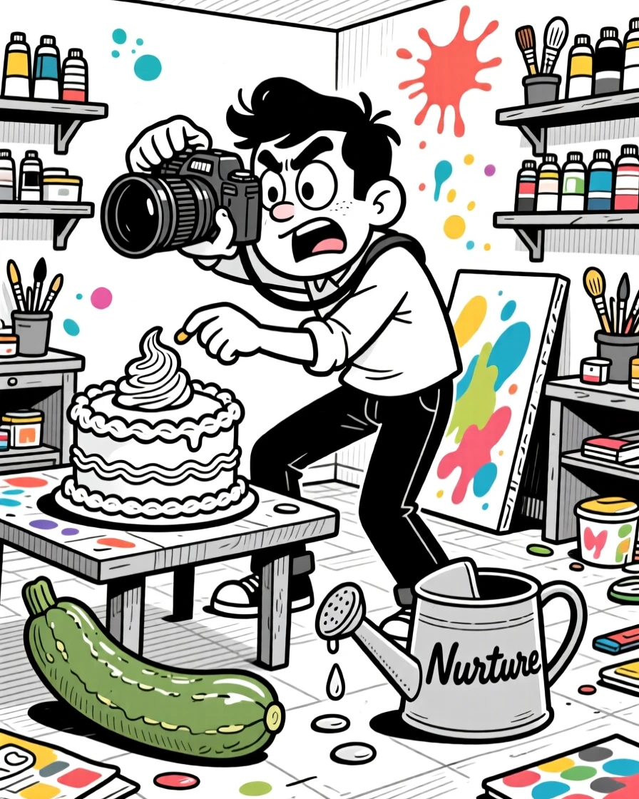 A photographer contorted for the perfect shot, adding one final delicate swirl of frosting, set in an art studio splashed with color. A watering can drips beside oversized zucchini. The image is a playful ode to hobbies people truly love.