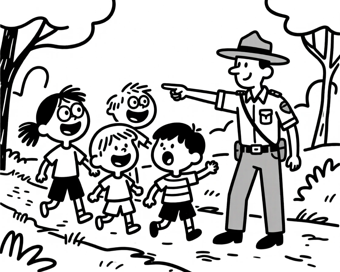 A park ranger pointing out wildlife to a group of excited kids on a nature trail.