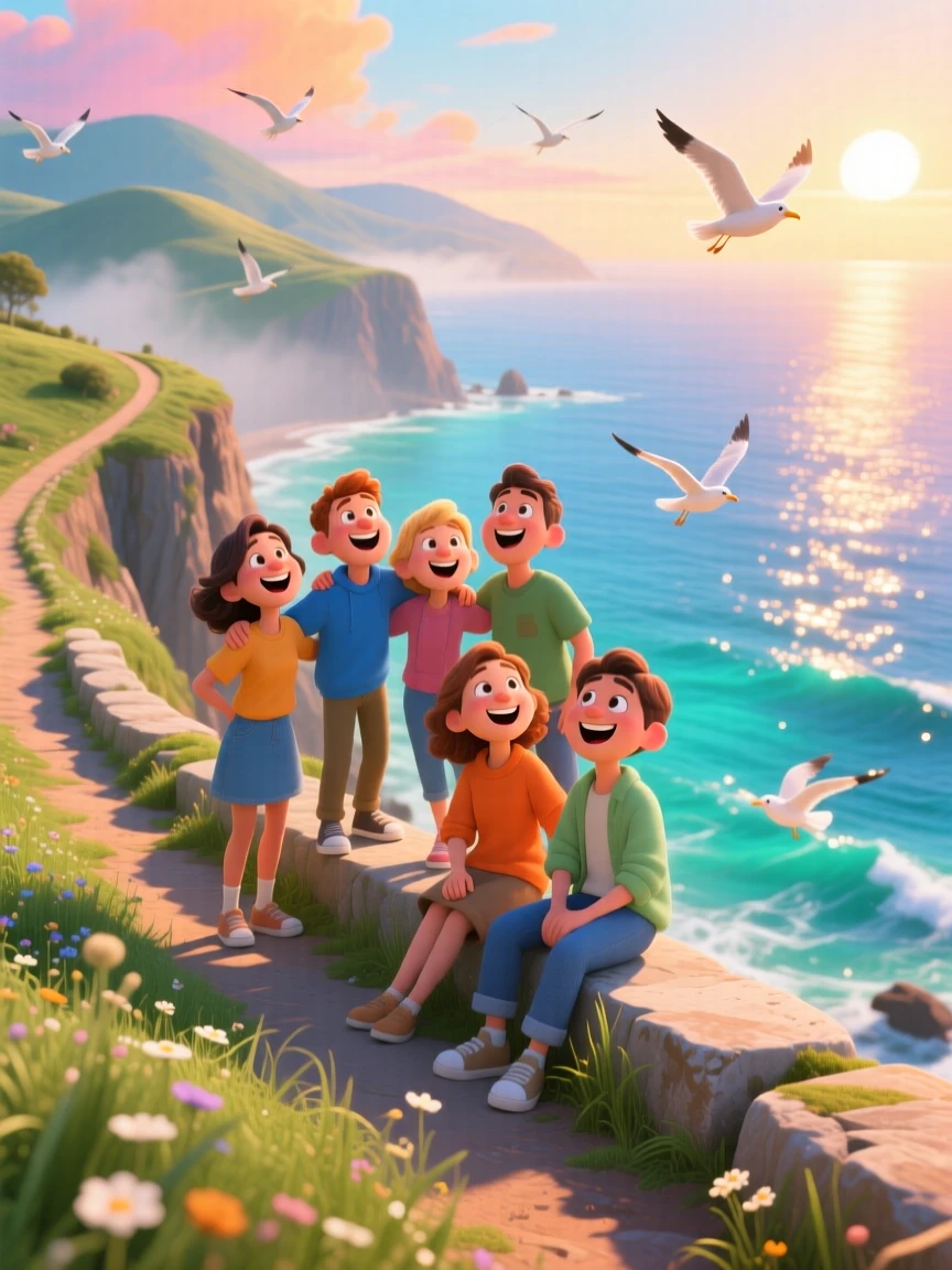 A group of friends laughing together stands along a winding cliffside path above the ocean, resting on a stone ledge to admire the scenery. A sense of wonder and freedom fills the moment, with a light mist clinging to the distant hills.