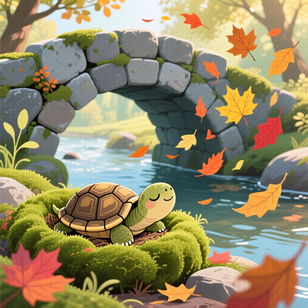 A tiny turtle hatchling pauses from napping in a nest of soft moss to look up in a stone bridge over a creek, with a trail of fallen leaves swirling around.