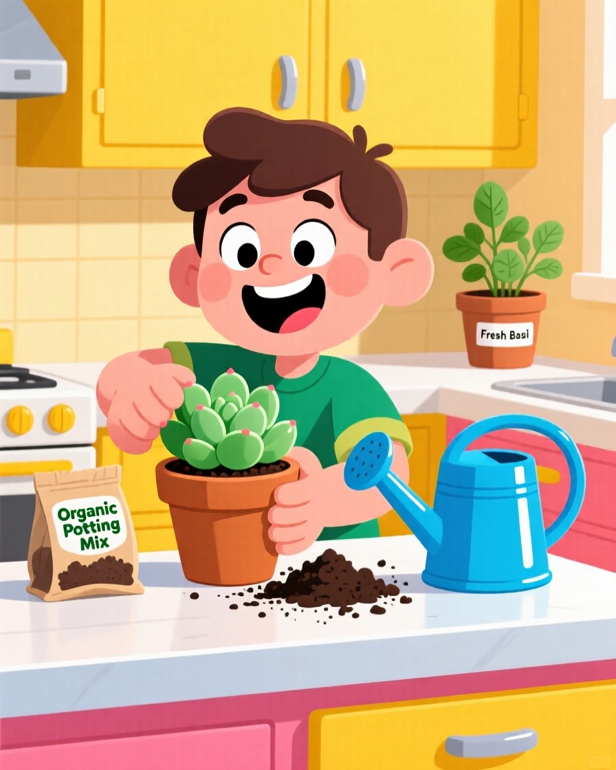 A person repotting a small succulent on a kitchen counter.