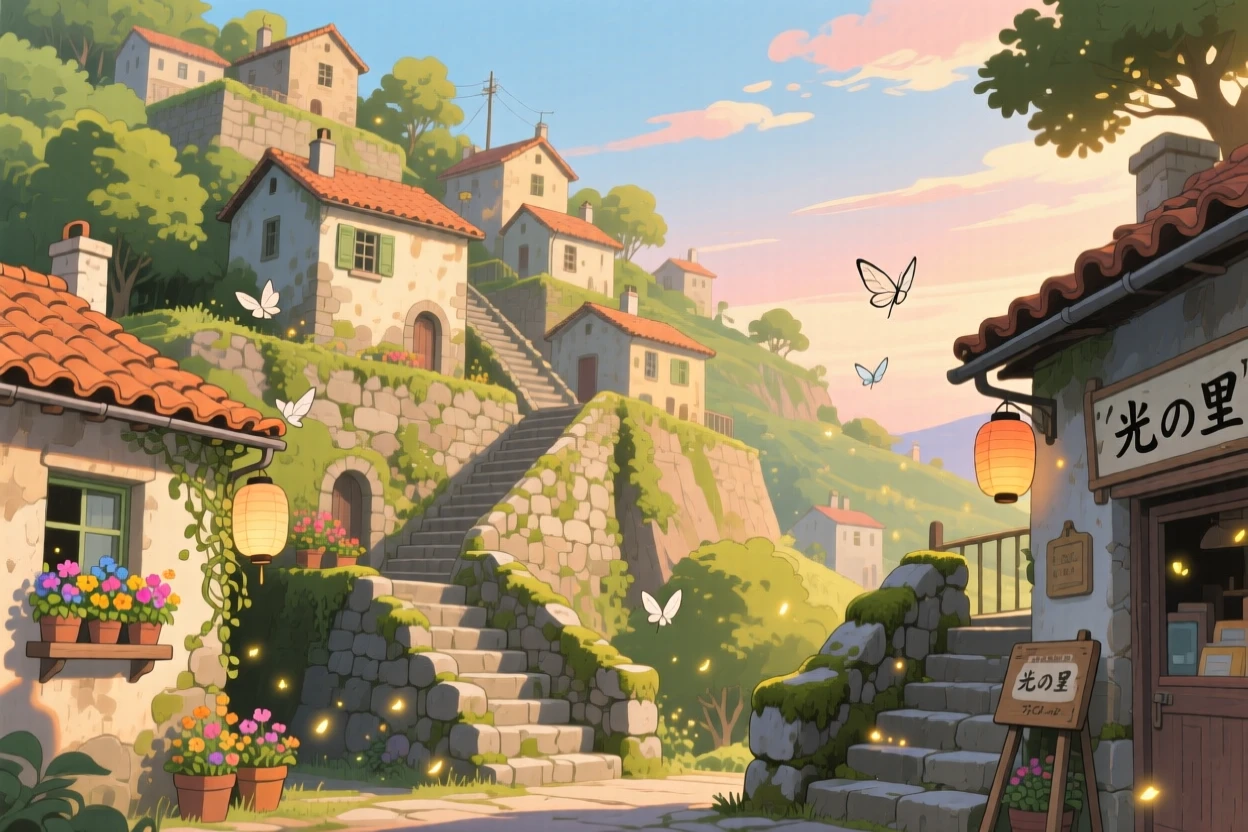 A scenic view of a terraced hillside town connected by narrow stone stairways, with terracotta rooftops catching the afternoon light.