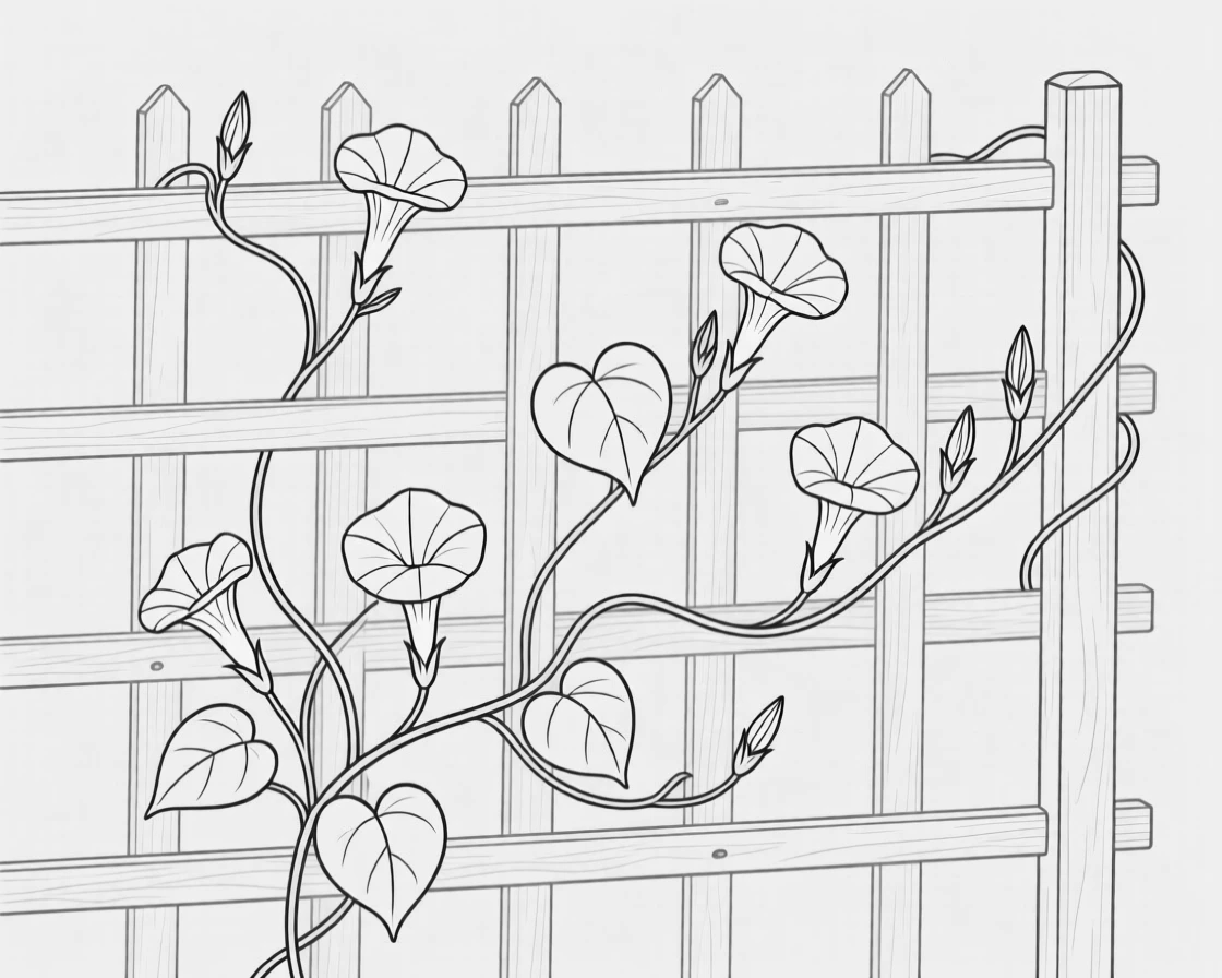 A trailing vine of morning glories climbing a wooden trellis