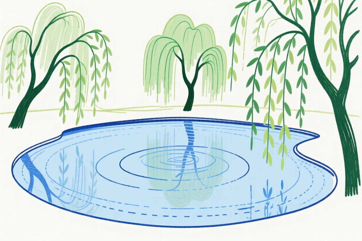 A tranquil pond surrounded by weeping willows.