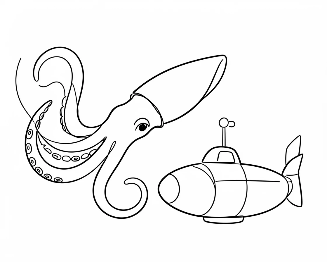 A giant squid emerging from the depths near a research submersible