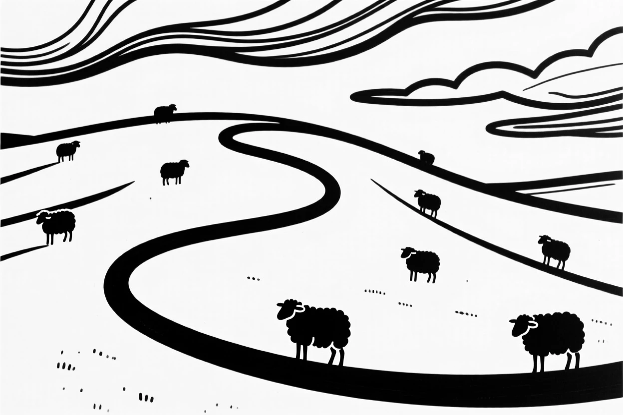 A rolling green hillside dotted with grazing sheep under a partly cloudy sky.