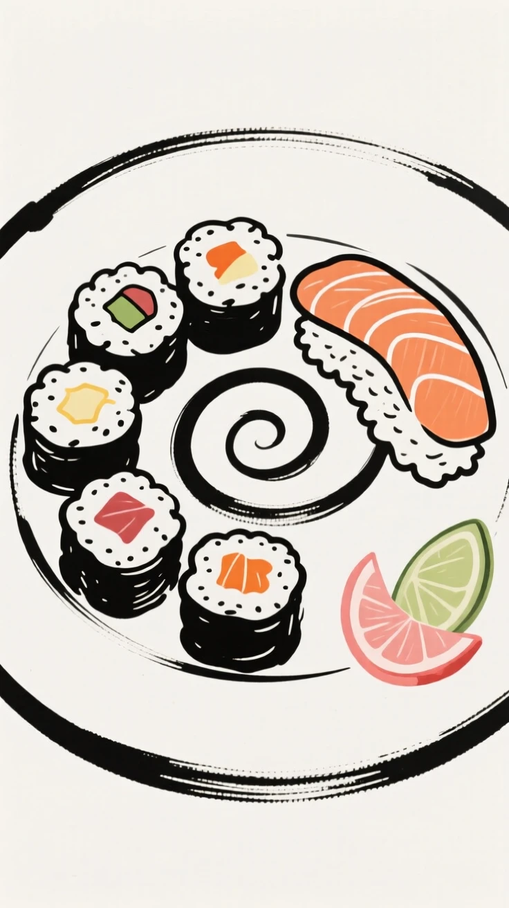 A plate of sushi rolls arranged in a spiral with pickled ginger.
