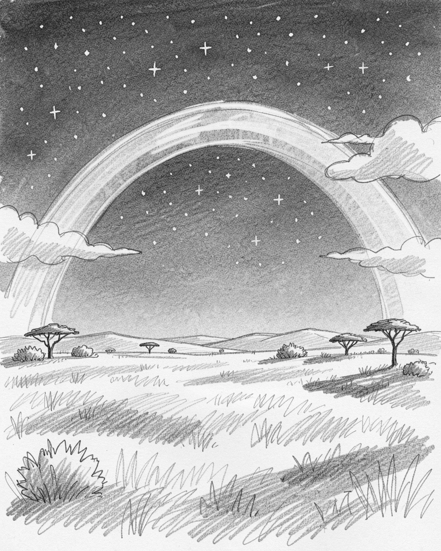 Sweeping landscape of a starlit savanna under a rainbow arching after a storm, with clouds casting slow-moving shadows.