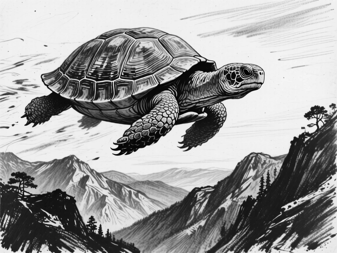 A wise old tortoise soaring high above a mountain valley.