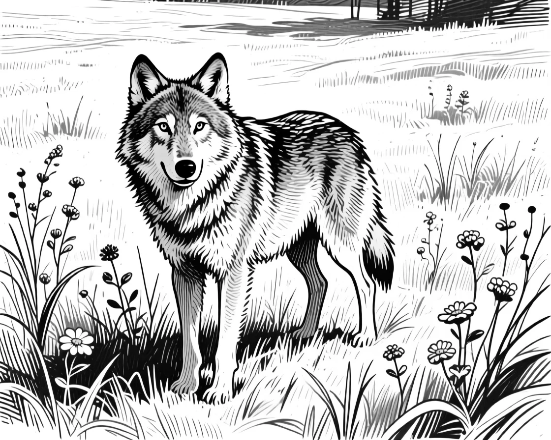 A wandering wolf in a sunlit meadow, caught in a moment of quiet stillness, capturing a joyfully alive moment in nature with a strong, centered focal point.