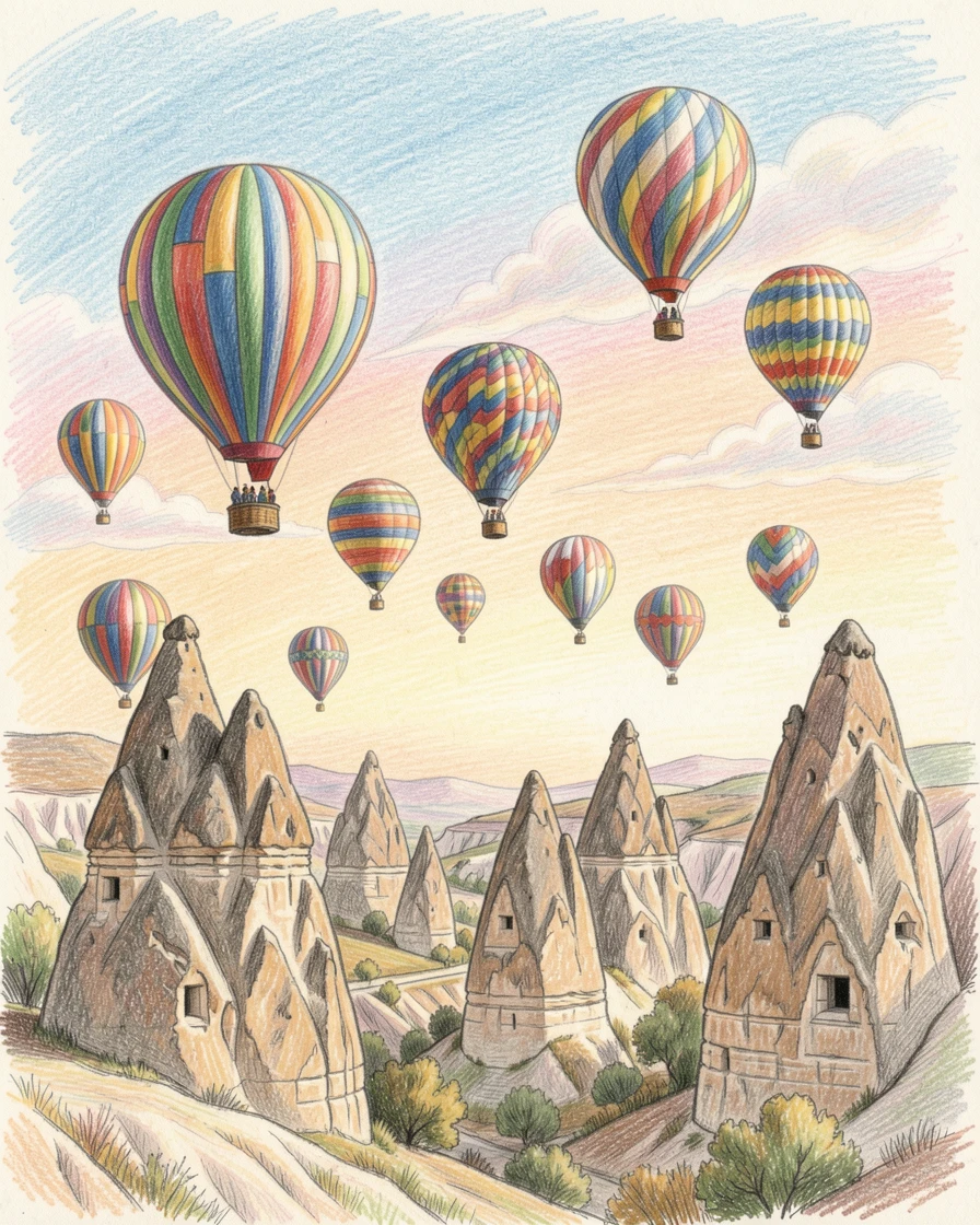 A hot air balloon festival drifting over the fairy chimneys of Cappadocia, with soft clouds drifting across a colorful sky, capturing the timeless charm of a beloved destination.