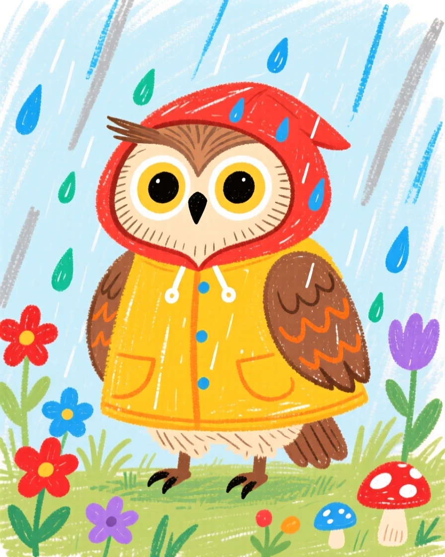 A wise old owl wearing tiny raincoats during a garden shower.
