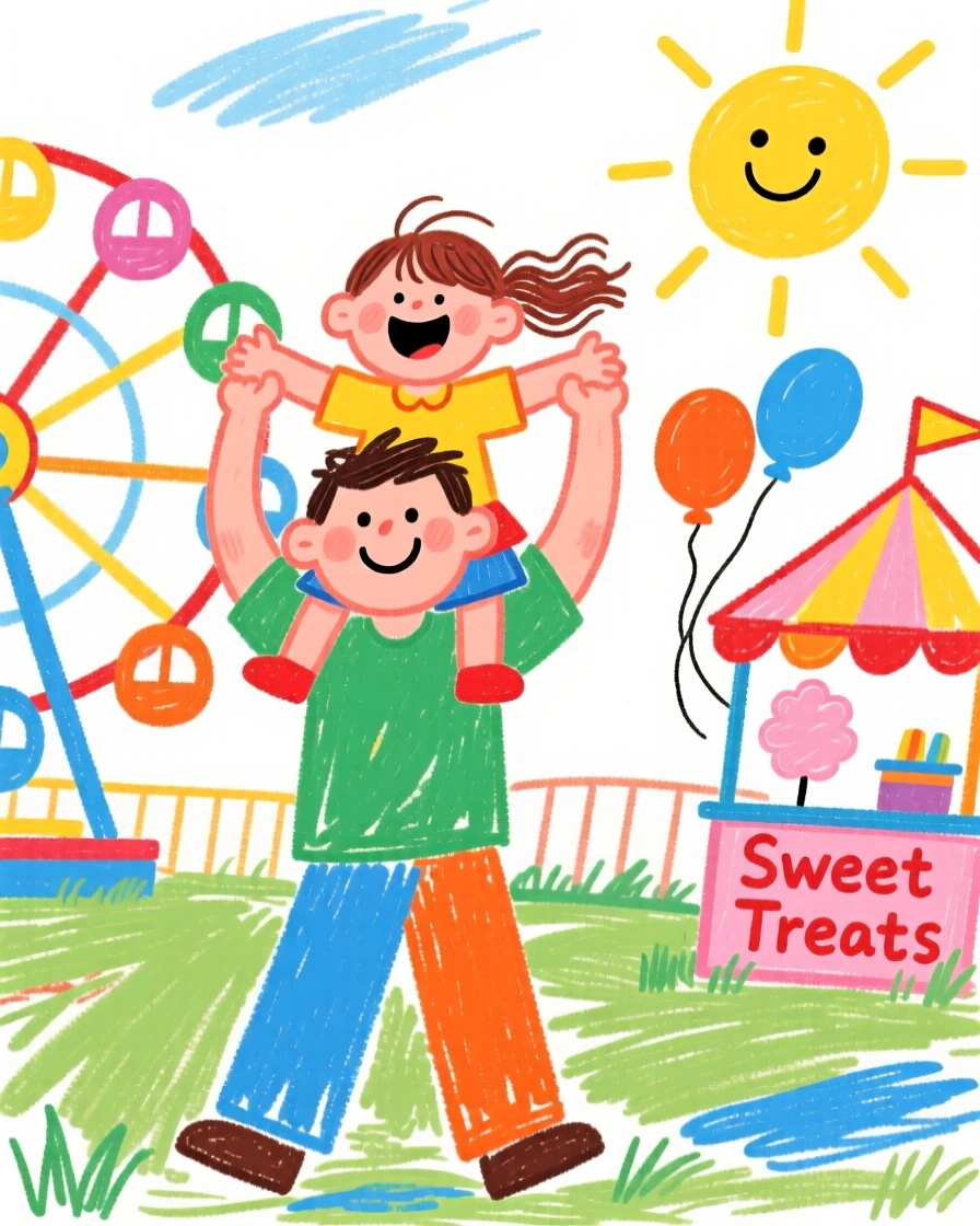 A father lifting his laughing daughter onto his shoulders at a fair.