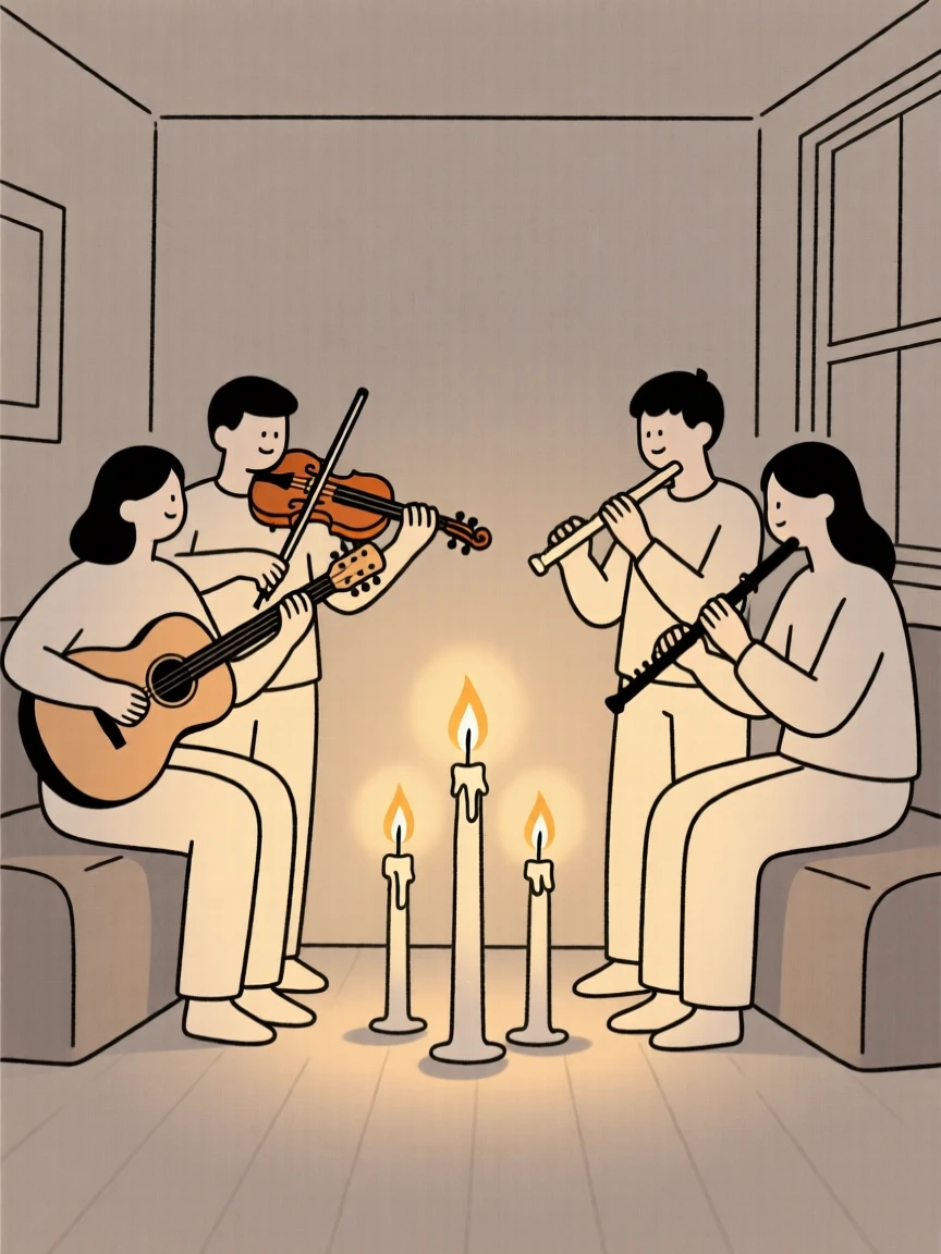 Two group of friends playing an instrument together in a candlelit room, sharing a moment of warm connection.