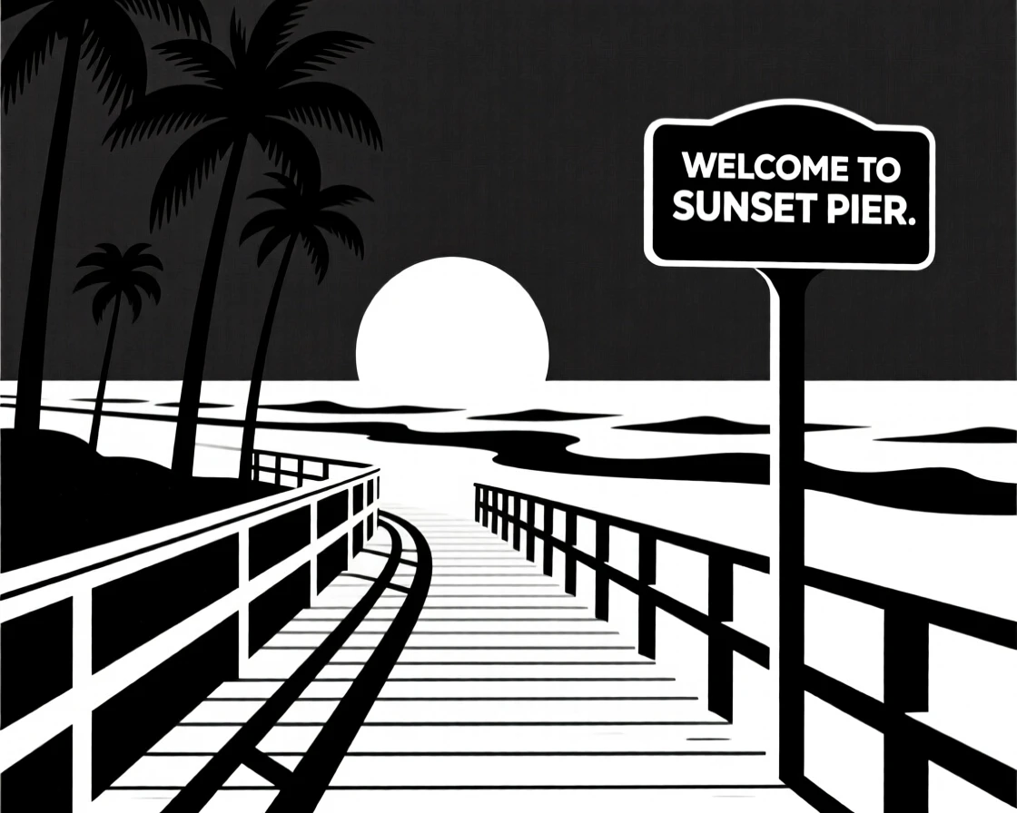 A coastal boardwalk at sunset.