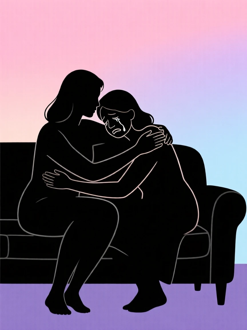 A woman comforting a crying friend with a long, quiet embrace on a couch.