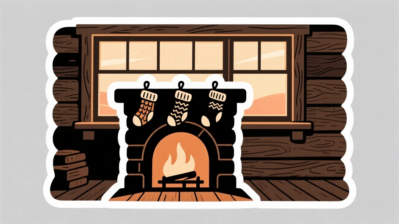 A quietly beautiful cozy fireplace with stockings hung above, resting on a windowsill in the morning light, in a cabin during a cozy evening.