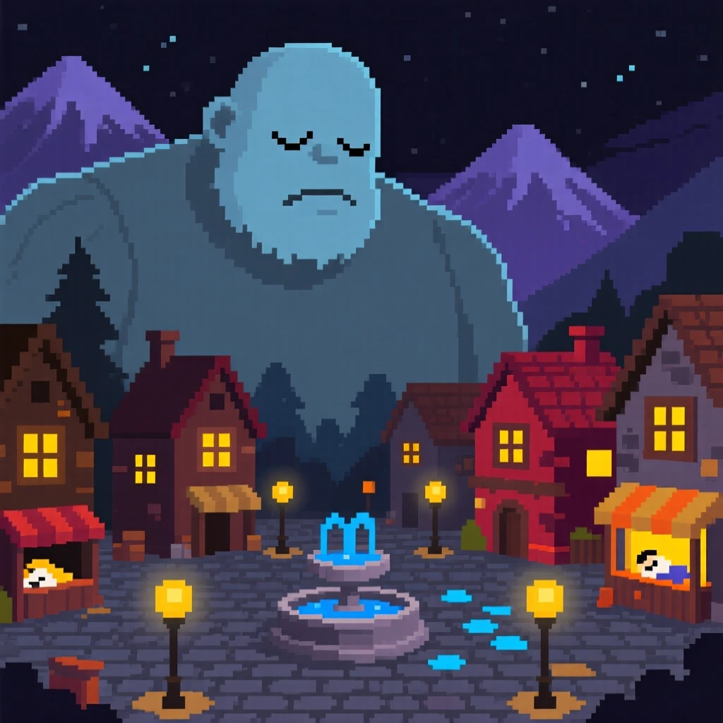 A sleepy mountain giant watching over a sleeping village at night, in a market square of a fantasy town.