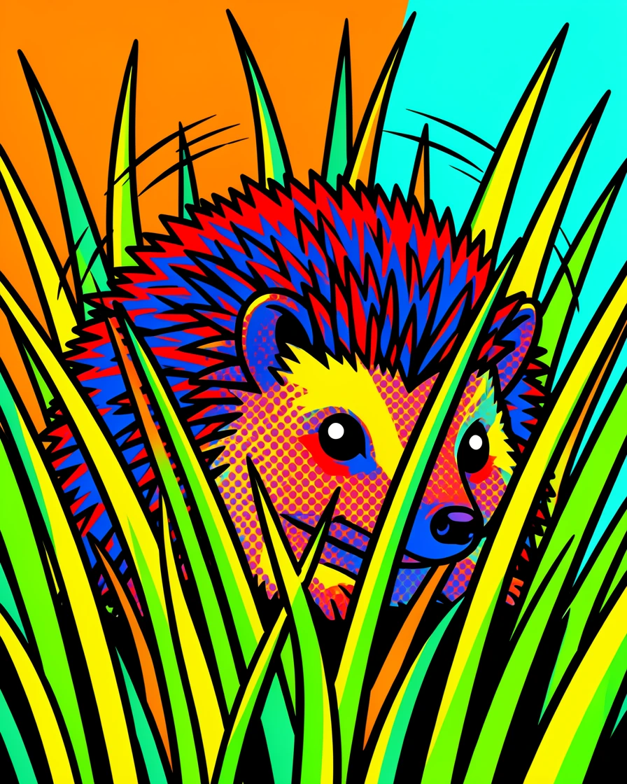 A curled-up hedgehog peeking curiously from behind tall grass