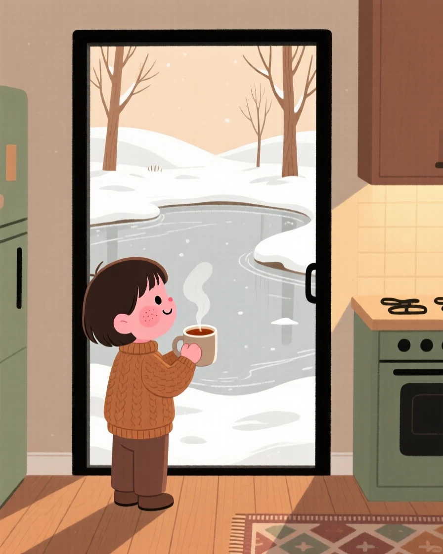 Snow blankets a frozen pond while a child watches from a warm kitchen doorway, a mug of warm tea warming their hands.