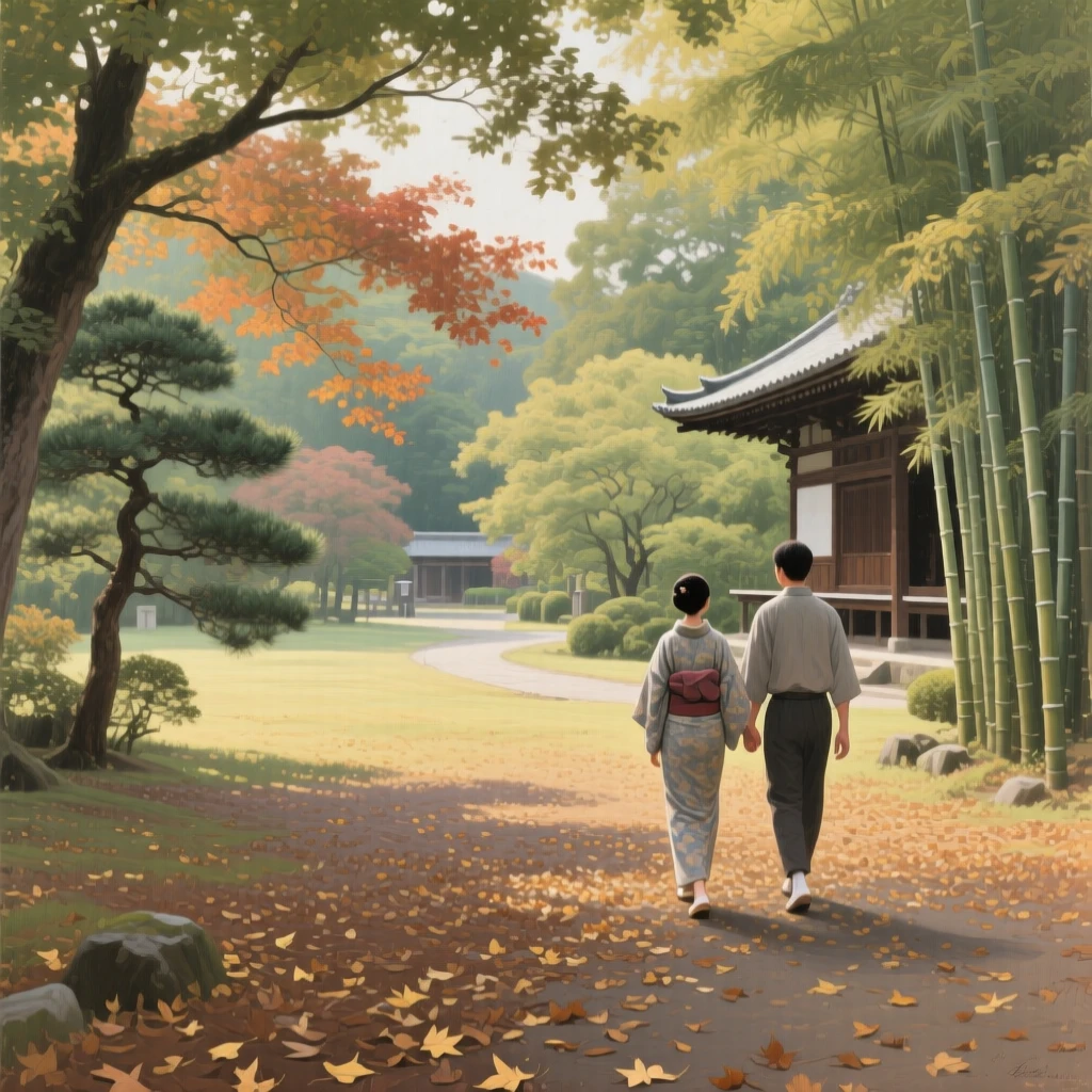 A wide establishing shot of a couple walking hand in hand through a park carpeted with fallen autumn leaves, in old Kyoto, during the summer harvest.