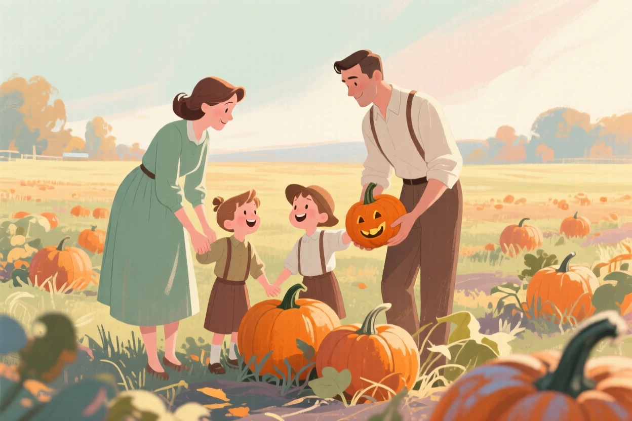 A family picking pumpkins together in an autumn field