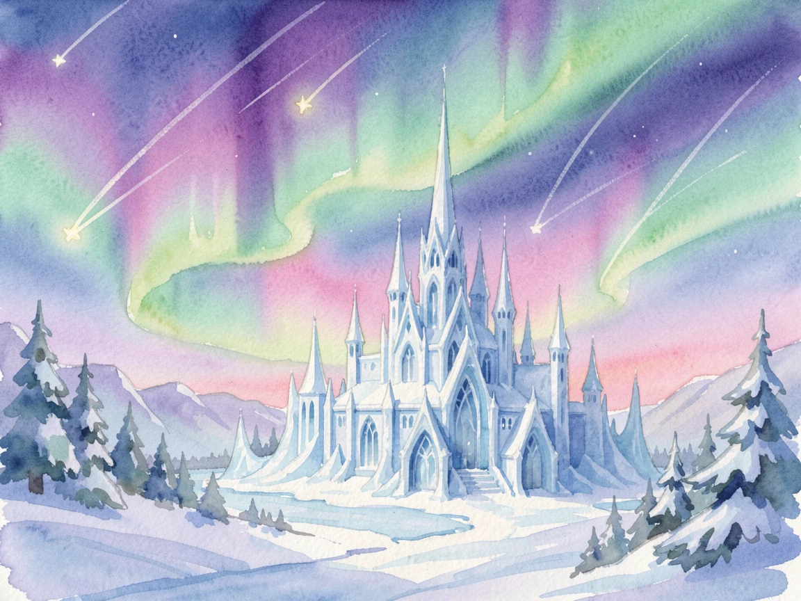 A snow queen's ice palace glittering under the northern lights as shooting stars streak overhead.