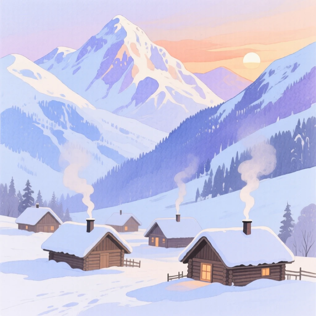 A snow-covered mountain village with smoking chimneys nestled in a valley beneath towering frosted peaks at dusk