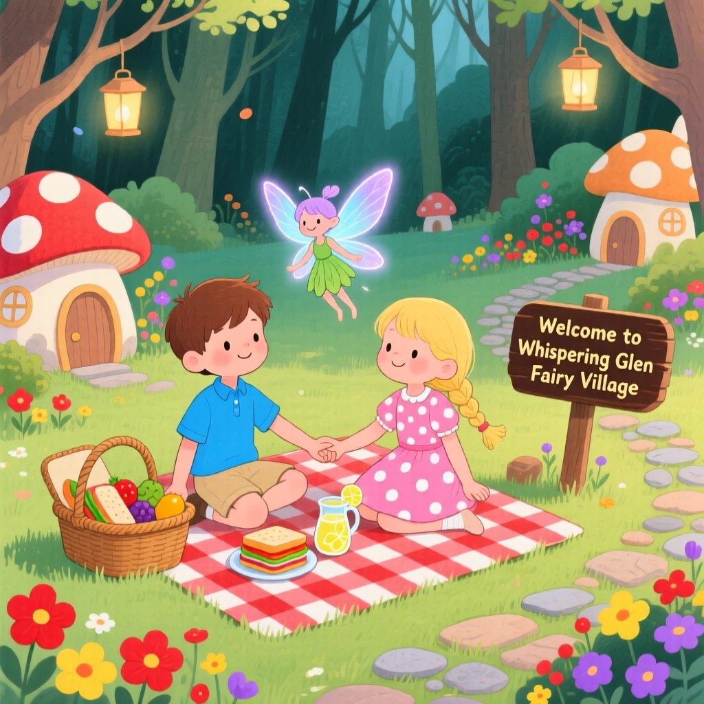 Twin siblings holding hands sharing a picnic with a tiny fairy with glowing wings inside a hidden fairy village.