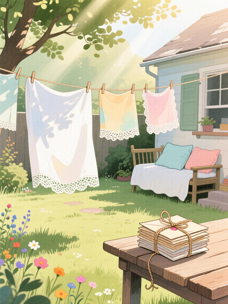 A sunlit laundry room with fresh linens drying on a line strung across the yard, with a stack of letters tied with twine resting close by, capturing the quiet beauty of everyday rituals.