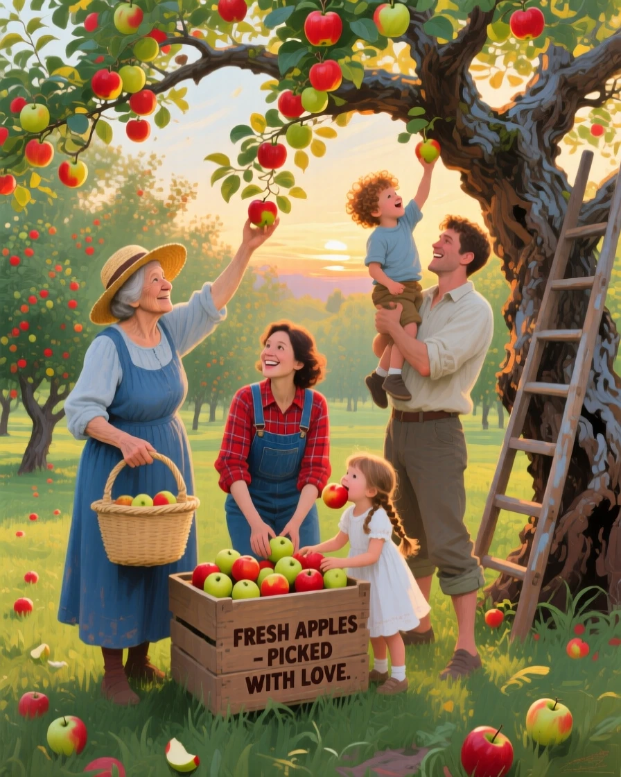 a family gathering apples in an old orchard, on a gentle summer evening, from an inviting eye-level viewpoint.