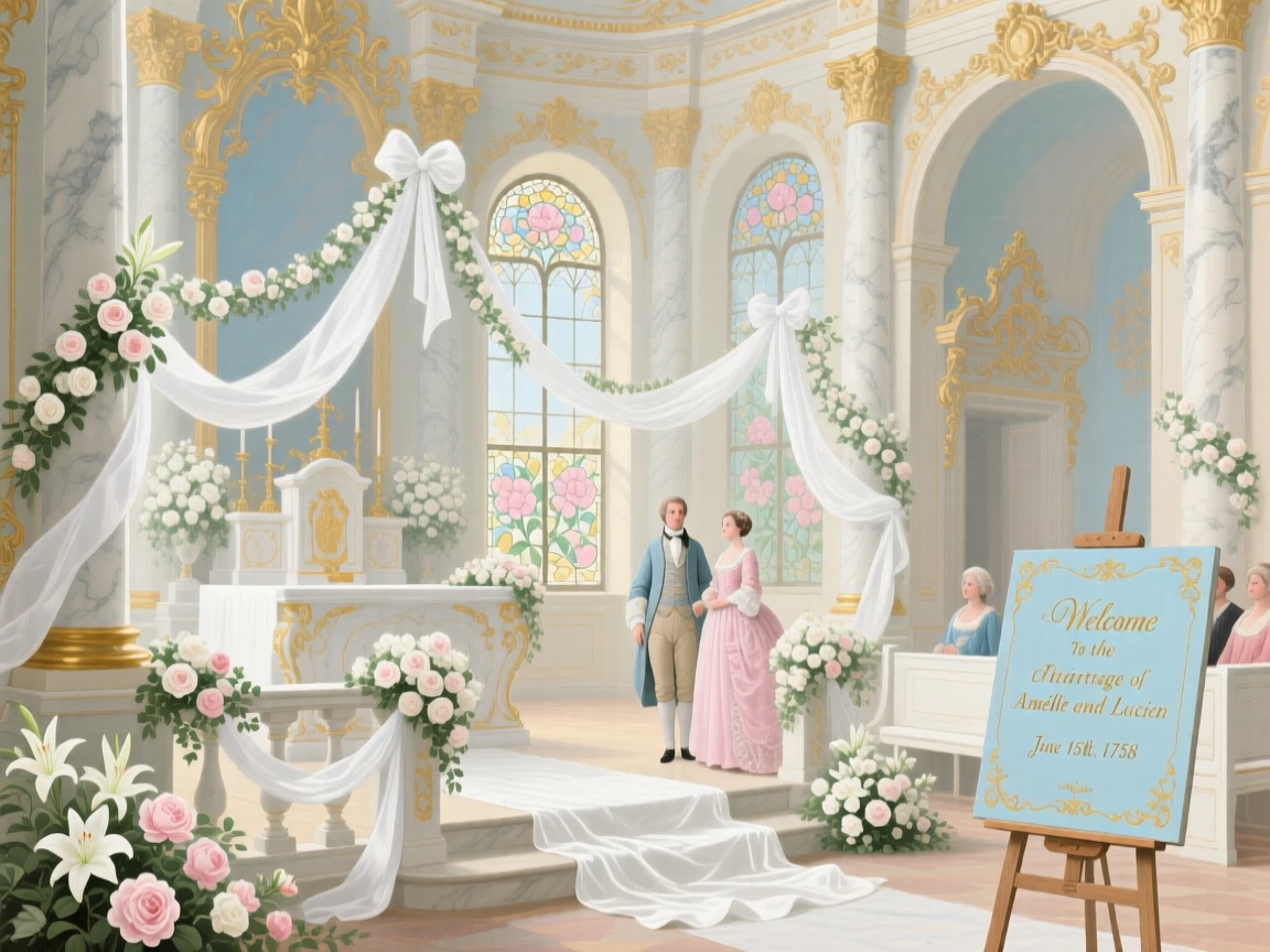 A palace chapel decorated with white flowers for a wedding ceremony  