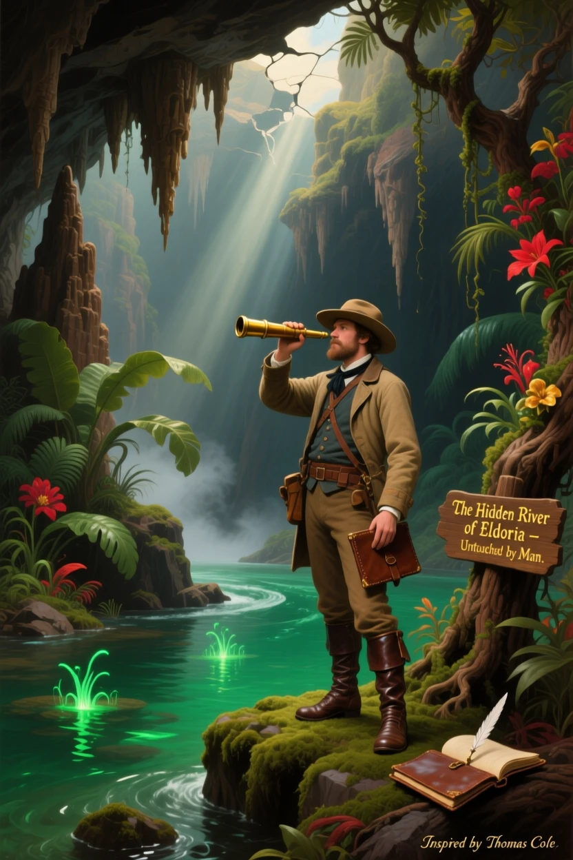An intrepid explorer discovers an uncharted jungle river deep beneath the earth's surface.