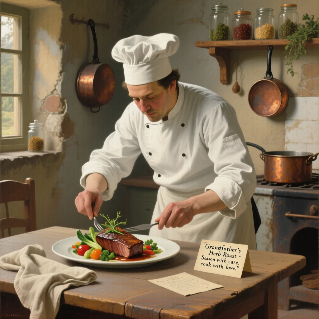 A chef plating a beautifully crafted dish with meticulous care, with the surrounding environment quietly reinforcing the emotion of the scene, telling a complete story through a single powerful expression