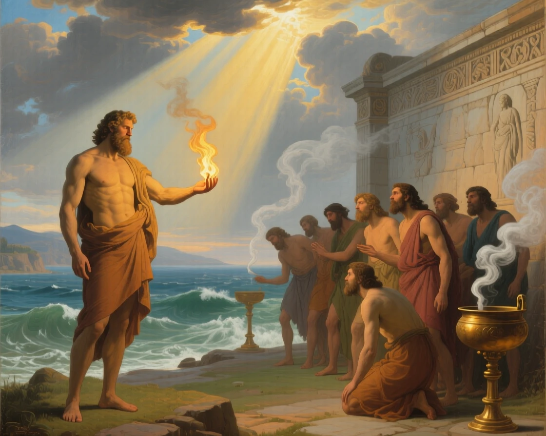 The Titan Prometheus offering fire to huddled mortals as golden light breaks through the clouds above, set beside the rushing waters of a mythic river, as smoke from ceremonial braziers curls upward past carved friezes; a low vantage point emphasizes the towering scale of the moment, charged with heroic resolve and quiet foreboding.