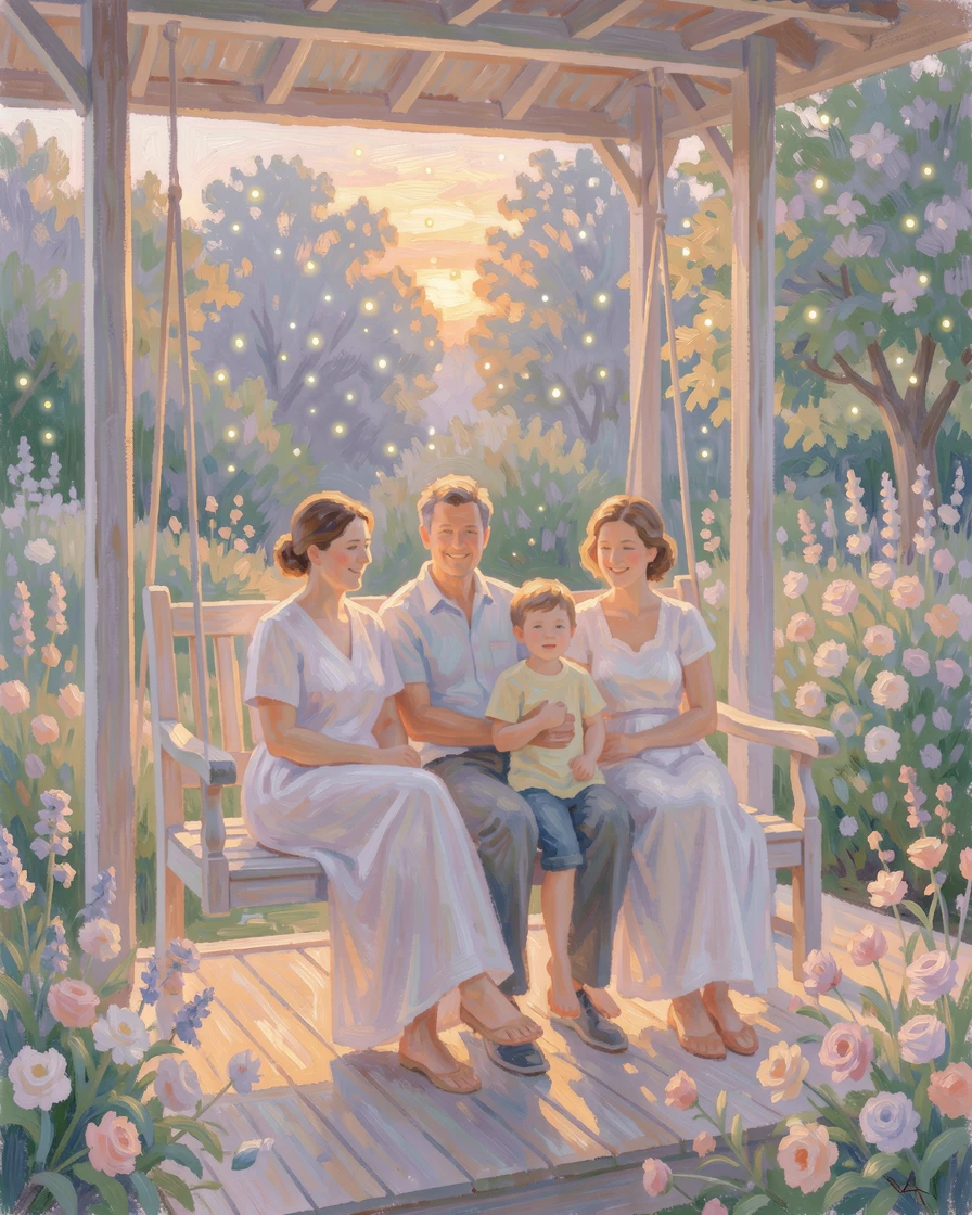 A family gathered on a porch swing watching fireflies rise over the garden on a warm summer evening.