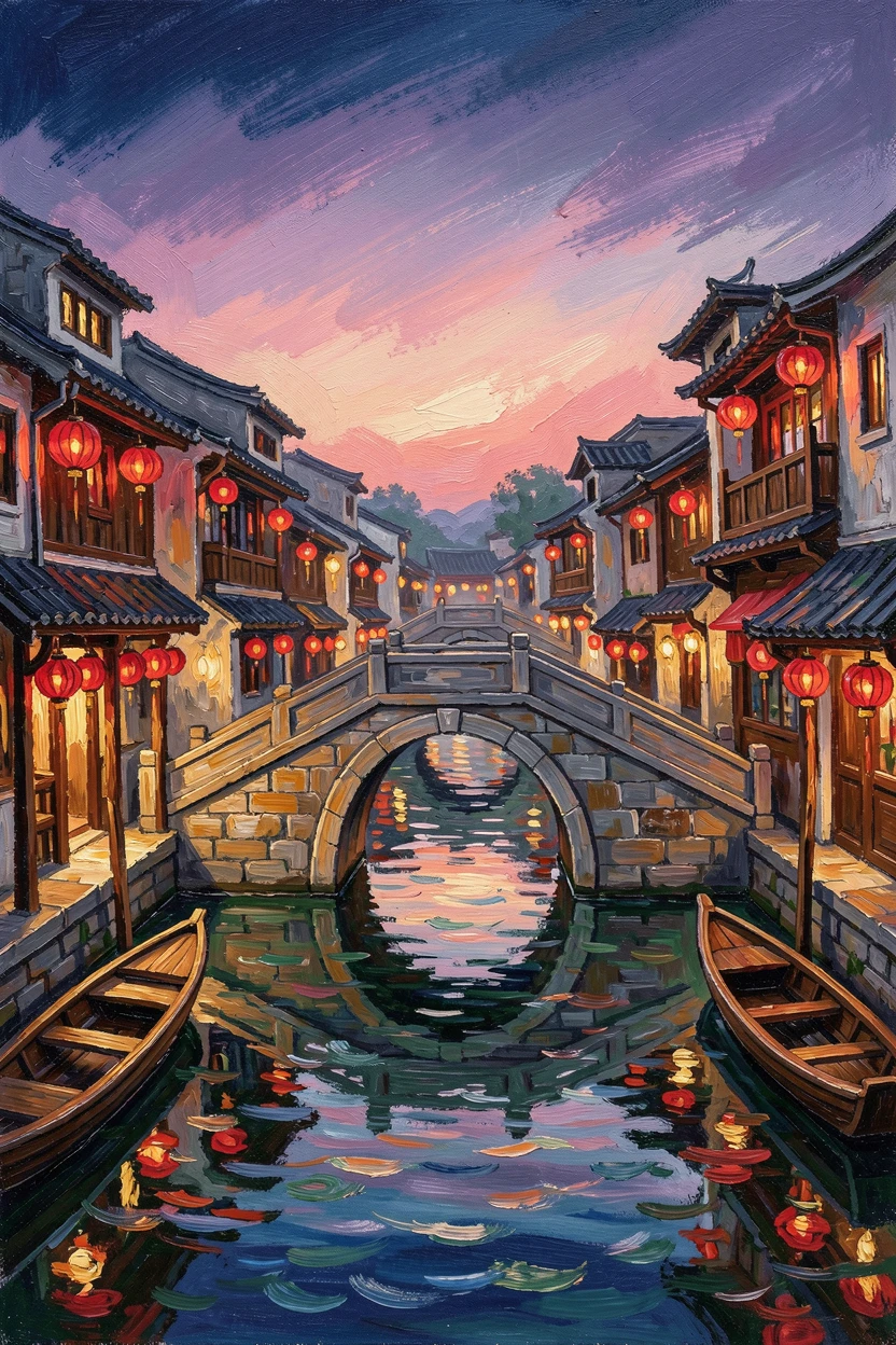 A quiet canal town in China with arched stone bridges and hanging red lanterns.
