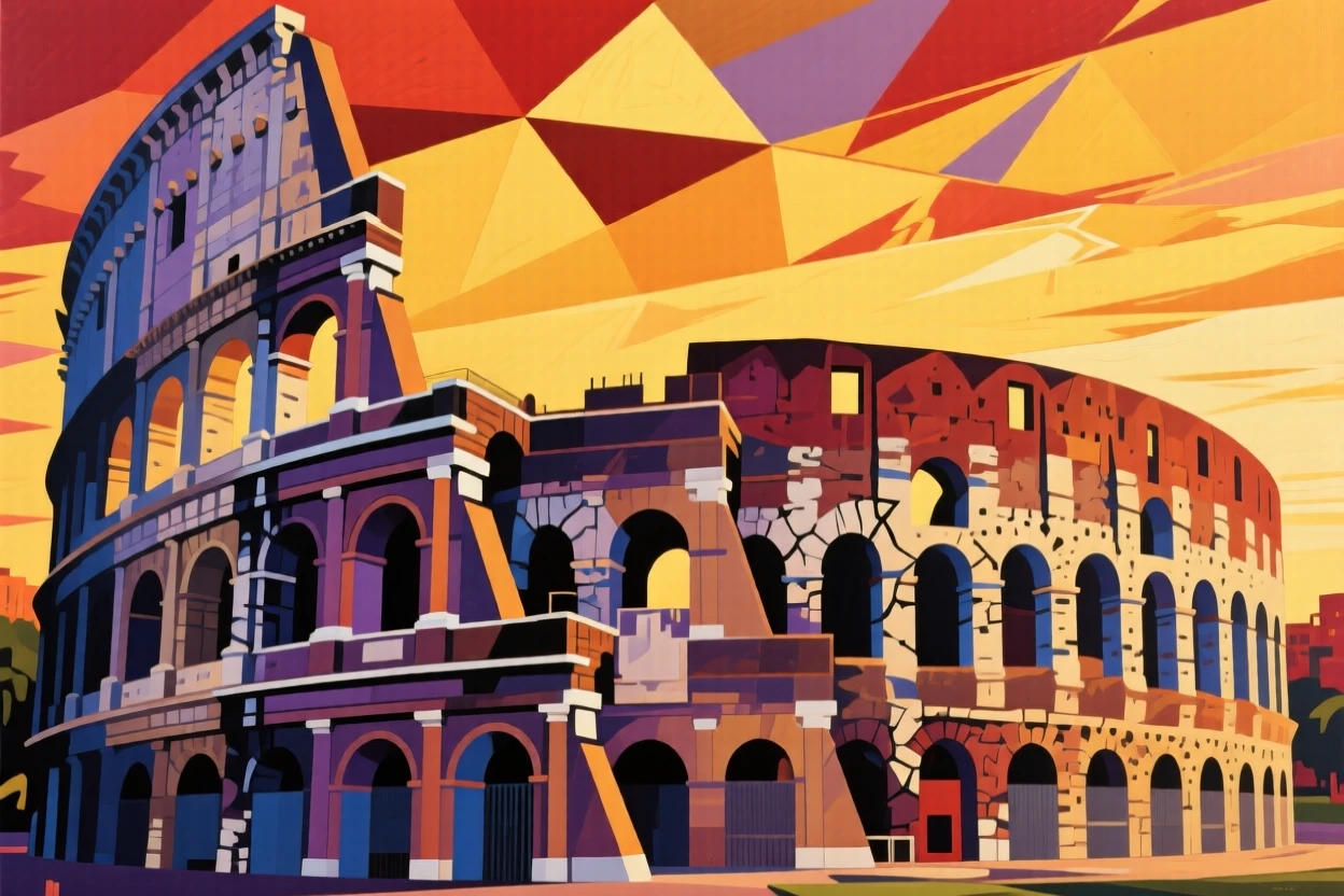 A breathtaking view of the Colosseum, glowing under a golden sunset.