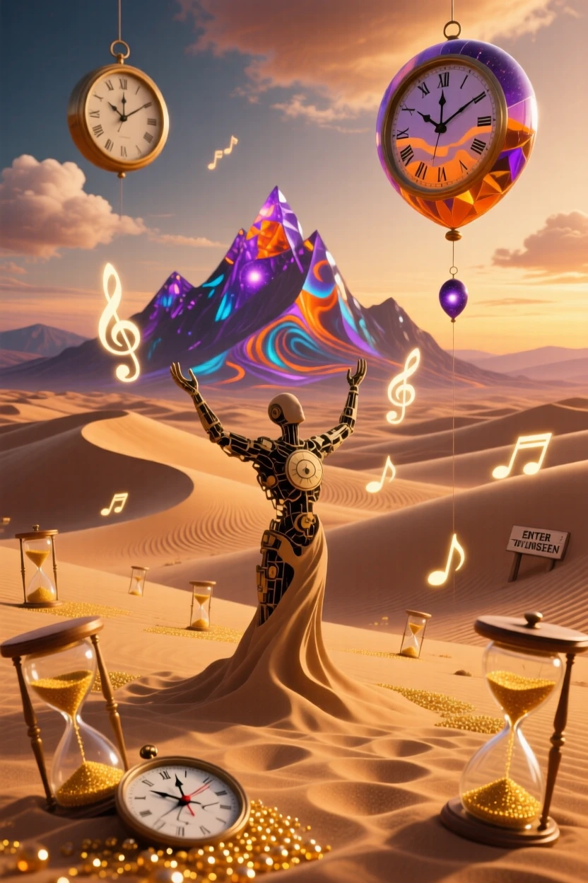 A desert of rolling dunes made from fine golden hourglass sand hums faintly with a low, unseen music, while distant mountains seem to shimmer like a mirage.