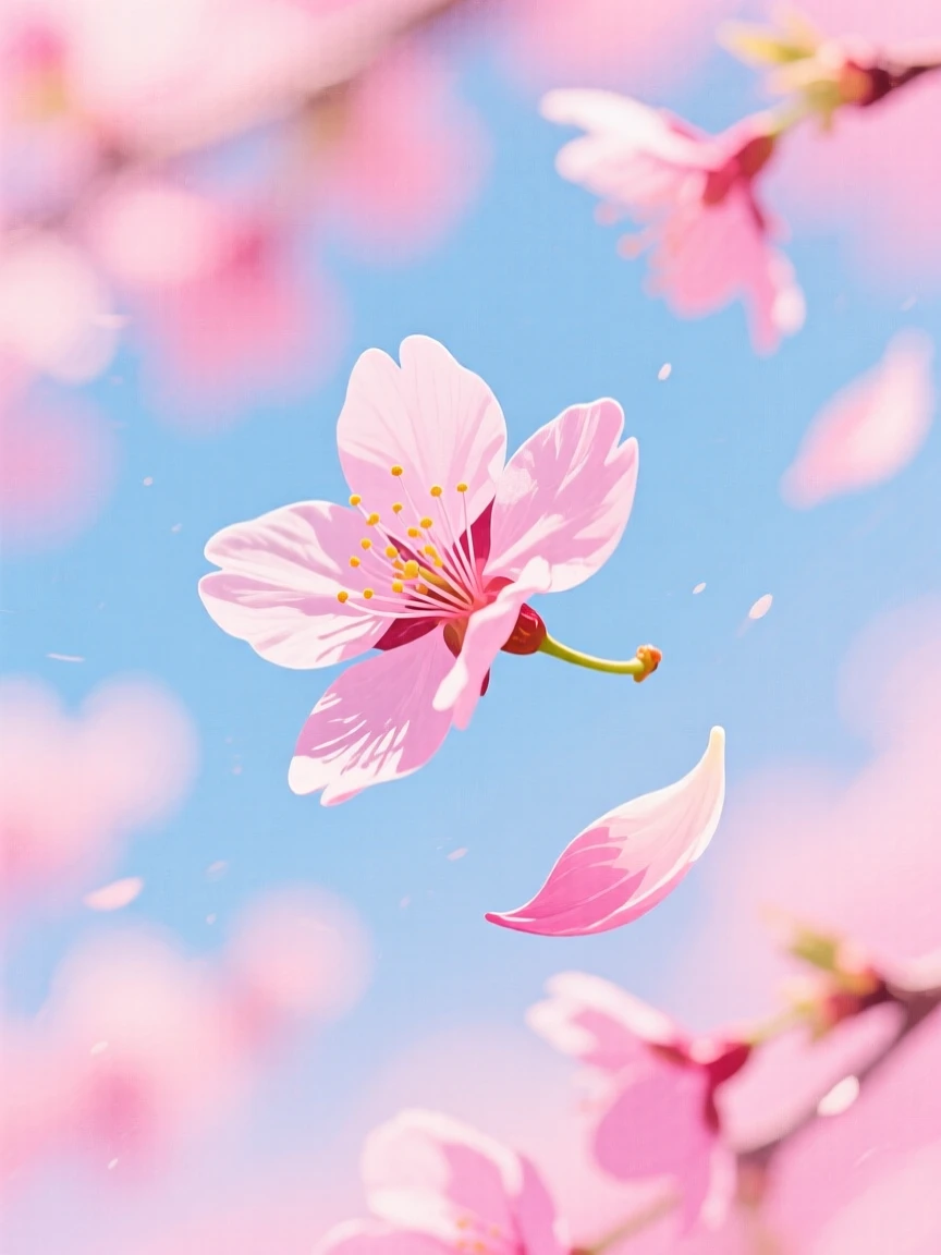 A single cherry blossom petal falling in slow motion against a soft pink spring sky