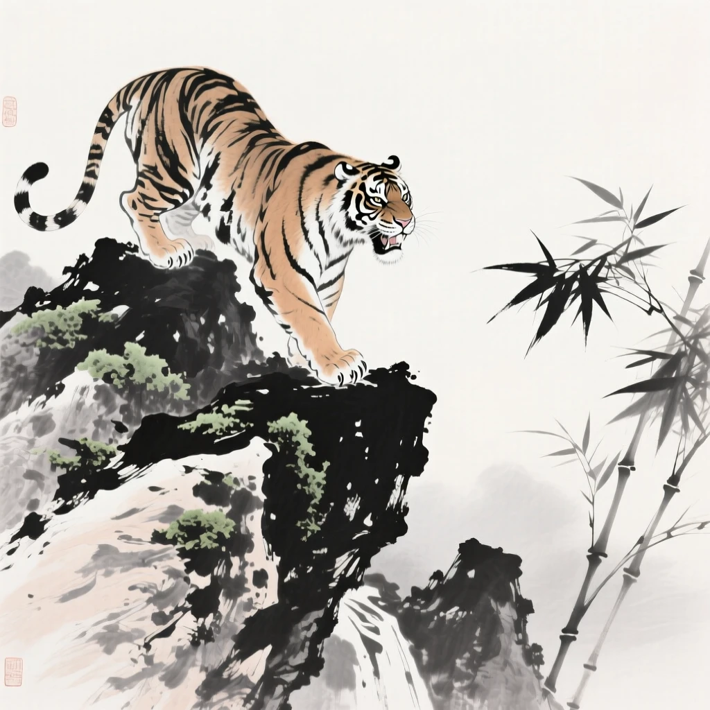 A tiger climbs over moss-covered rocks on a steep slope, with bamboo leaves rustling in the wind nearby.