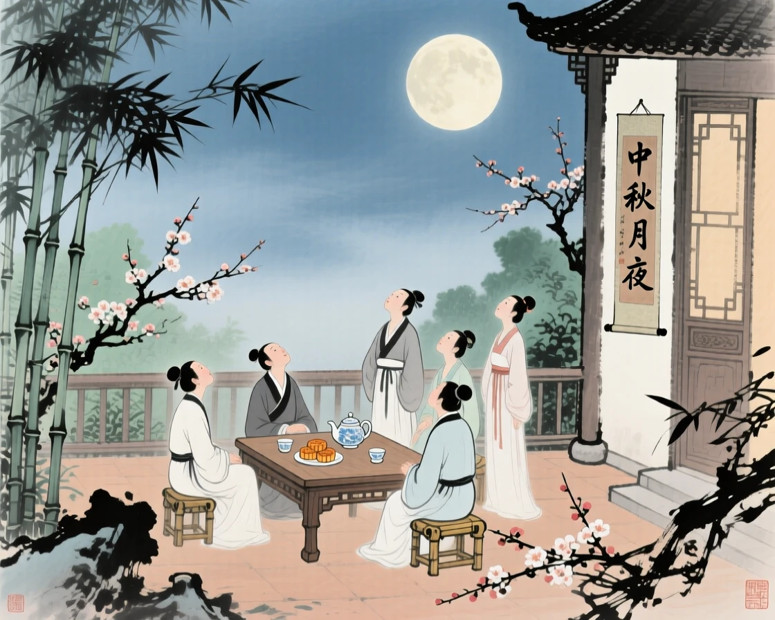 A moon viewing gathering on a garden terrace during the mid autumn festival, radiating gentle serenity.
