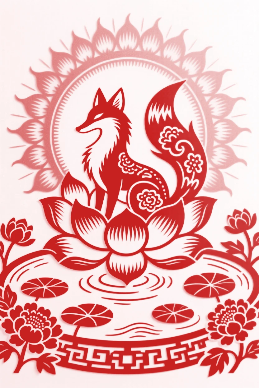 A fox spirit, emerging from a lotus blossom in a sacred pond, surrounded by a halo of golden light.